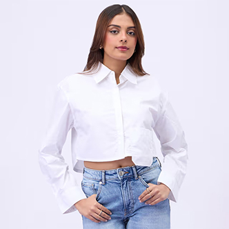 MIXT by Nykaa Fashion White Solid Full Sleeves Asymmetric Pocket Crop Shirt
