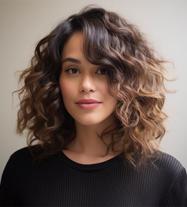 woman in black sweater and shoulder-length hair