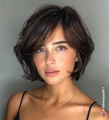 woman with short side swept hair in a black sleeveless top