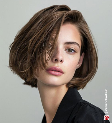 woman with her face over her shoulder wearing a black blazer and short lob cut