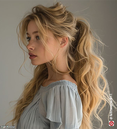 side profile of a woman with a grey top and messy high blonde poytail