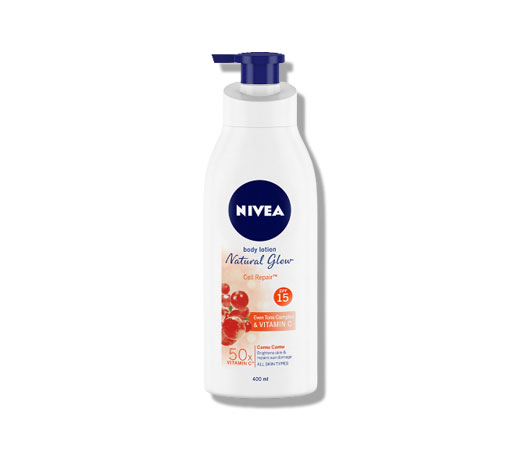 nivea body lotion natural glow, cell repair, SPF15 